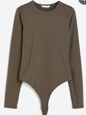 H&M Olive Green Long Sleeve Stretch Bodysuit Women’s Size L Crew Neck Minimalist
